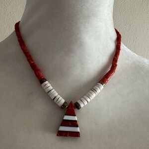 Vintage Native American 17” Heishi Shell Coral Inlay Necklace Unisex